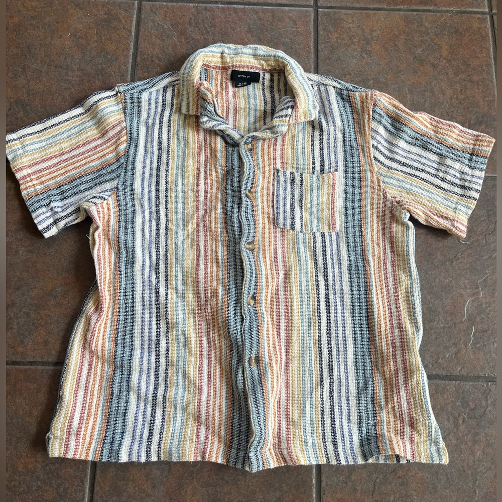Men’s Vertical Strip MultiColor/Rainbow Short Sleeve Button Down- Fits Large